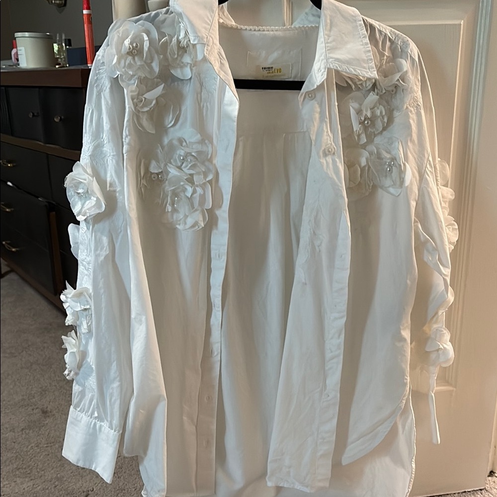White Floral Embellished Button-Up Shirt